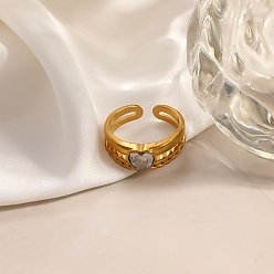 Real 18K Gold Plated 304 Stainless Steel Cubic Zirconia Cuff Open Ring for Women, Heart, Real 18K Gold Plated, 7.5mm, US Size 8(18.1mm)