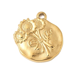 Золотой 304 подвески из нержавеющей стали, плоская круглая с подвеской в виде цветка, золотые, 19x17.5x2.5 мм, отверстие : 1.8 мм