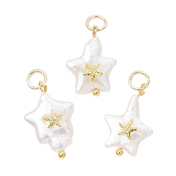 Золотой Подвески из натурального барочного жемчуга кеши, Подвески в виде звезд с фрагментом морской звезды из сплава, белые, золотые, 16~18.5x12x4.5~5 мм, Перейти кольцо: 5x0.8 мм, внутренний диаметр: 3.4 мм