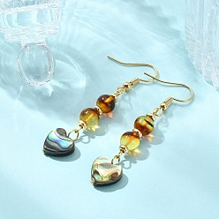 Real 18K Gold Plated 304 Stainless Steel Dangle Earrings, with Natural Paua Shell & Natural Amber Pendants, Real 18K Gold Plated, 53x10mm