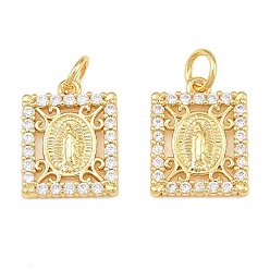 Oro Latón micro pavimenta claro cubic zirconia encantos, cuadrado con amuletos de la Virgen María, sin plomo y cadmio, chapado en rack, larga duración plateado, dorado, 14.5x14x2 mm, agujero: 3 mm