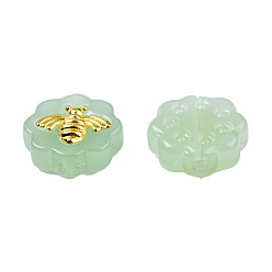 Mittlerer Aquamarin Imitation Jade sprühlackierte Glasperlen, mit vergoldenden Messing Zubehör, Blume mit Bienen, mittlerer Aquamarin, 12x12x5 mm, Bohrung: 1 mm