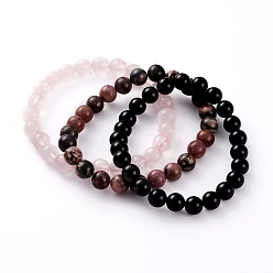 Mixed Stone Natural Rose Quartz & Rhodonite & Black Agate(Dyed) Beaded Stretch Bracelets Sets, Round, Inner Diameter: 2-1/4 inch(5.7cm), Bead: 8.5mm, 3pcs/set