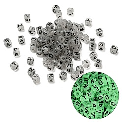 Черный Светящиеся прозрачные акриловые бусины, эмаль бисера, куб с письмом, светится в темноте, чёрные, 4.5x4.5x4.5 мм, отверстие : 2 мм, Около 5500 шт / 500 г