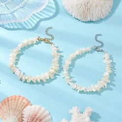 Plaqué 18k Or Véritable & Couleur Acier Inoxydable 2pcs bracelets en perles de nacre blanche naturelle pour l'amitié des couples, plaqué or véritable et couleur acier inoxydable, 8-3/8 pouce (21.2 cm)