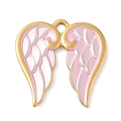 Бледно-Розовый 304 нержавеющей стальной эмали подвески, очарование крыла, реальный 18 k позолоченный, розовый жемчуг, 23x23x1.5 мм, отверстие : 2 мм