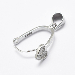 Platinum Anti-Tarnish Rhodium Plated 925 Sterling Silver Micro Pave Cubic Zirconia Pendant Bails, Ice Pick & Pinch Bails, Heart, Platinum, 16x6x2mm, Hole: 3x5mm, Pin: 0.6mm