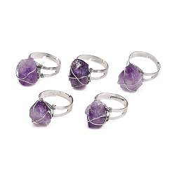 Аметист Регулируемые кольца из натурального аметиста в проволочной обмотке, латунная фурнитура с платиновым покрытием, самородки, Размер: 9, внутренний диаметр: 19~19.5 мм