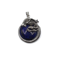Lapis Lazuli Dyed Natural Lapis Lazuli  Pendants, with Antique Silver Alloy Finding, Flat Round with Skull Charms, 40x35mm