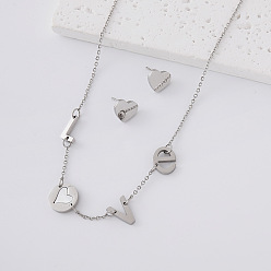 Color de Acero Inoxidable 304 Conjuntos de pendientes de corazón de acero inoxidable y collares con letras "love" para mujer, color acero inoxidable, 470 mm
