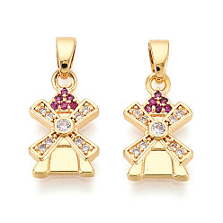 Настоящее золото 18K Латунные микро проложить кубического циркония подвески, без кадмия и без свинца, ветряная мельница, реальный 18 k позолоченный, 15.5x9x2 мм, отверстие : 5x2 мм