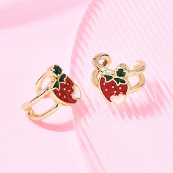 Клубника Латунь манжеты серьги, с эмалью, без кадмия и без свинца, долговечный, стойки покрытие, реальный 18 k позолоченный, клубника, 12.5x13x11 мм