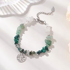 Tree of Life Браслет из натуральных смешанных драгоценных камней с бусинами, 304 Браслет с подвесками из нержавеющей стали для женщин, древо жизни, 7-1/8 дюйм (18 см)