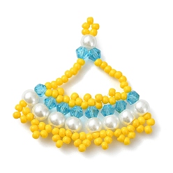 Deep Sky Blue Glass Seed Beaded Pendants, Dress Charm, with Glass Pearl, Deep Sky Blue, 35.5x36x4.5mm, Hole: 0.9mm