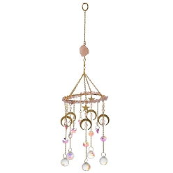 Cuarzo Rosa Atrapasueños colgante de virutas de cuarzo rosa natural, Luna de metal, estrella y dijes redondos de vidrio para decoración de ventanas y paredes con prismas, 400x106 mm