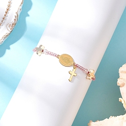 Pink Регулируемые браслеты из нейлонового шнура с плетеными бусинами, 304 Браслеты из нержавеющей стали с подвесками в виде Девы Марии и креста для женщин, со стеклянными бисеринами, розовые, внутренний диаметр: 2-3/8~3-3/8 дюйм (6~8.5 см)