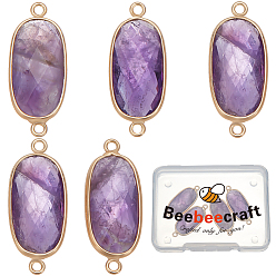 Amethyst 5Pcs Natural Amethyst Connector Charms, with Light Gold Plated Edge Brass Loops, Faceted Oval Links, 27x11x5.5mm, Hole: 2mm