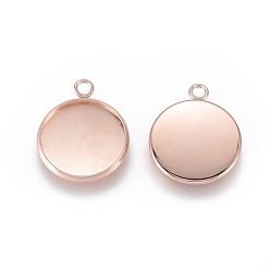 Rose Gold 201 Stainless Steel Pendant Cabochon Settings, Plain Edge Bezel Cups, Flat Round, Rose Gold, Tray: 16mm, 21.5x18x2mm, Hole: 2.2mm