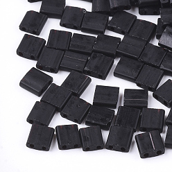 Black 2-Hole Opaque Glass Seed Beads, Frosted, Rectangle, Black, 5x4.5~5.5x2~2.5mm, Hole: 0.5~0.8mm