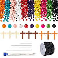 (52) Непрозрачная лаванда Наборы для самостоятельного изготовления круглых бусин из натурального дерева и ожерелий с подвесками-крестиками, разноцветные, 8~150x0.5~30x0.2~7 мм, отверстие : 1.2~3 мм