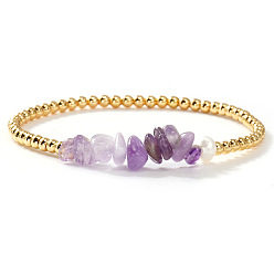 Amethyst Stretch-Armbänder aus Messing und Amethyst-Splitterperlen für Damen, Runde, golden, 6.89 Zoll (17.5 cm)