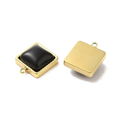 Black 304 Stainless Steel Charms, with Cat Eye, Saqure Charms, Real 14K Gold Plated, Black, 14.5x12x5.3mm, Hole: 1.4mm