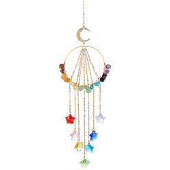 Oro Atrapasueños colgantes con chips de piedras preciosas naturales y sintéticas de chakra y anillo de latón, Borla de estrella de cristal para decoración de exteriores y jardines., dorado, 296 mm