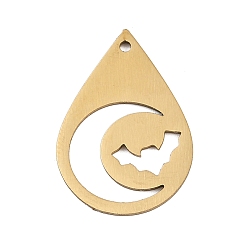 Золотой Хэллоуин 201 из нержавеющей стали подвески, каплевидная подвеска с летучей мышью и луной, лазерная резка, золотые, 20.5x14.5x1 мм, отверстие : 1.2 мм
