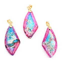 Средний Фиолетово-красный Кулоны из натуральной императорской яшмы, с золотыми латунными петлями, ромб, окрашенные, средне фиолетовый красный, 40.8x15.1x5.8 мм, отверстие : 5x4 мм