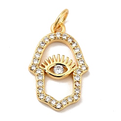 Настоящее золото 18K Покрытие стойки латунь микропаве прозрачные подвески из кубического циркония, без кадмия, без никеля и без свинца, Хамса рука с глазом, реальный 18 k позолоченный, 18x11.5x2 мм, отверстие : 3.6 мм