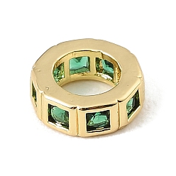 Green Brass Pave Cubic Zirconia European Beads, Flat Round, Large Hole Beads, Rack Plating, Long-Lasting Plated, Lead Free & Cadmium Free, Real 18K Gold Plated, Green, 8.5x3mm, Hole: 5mm