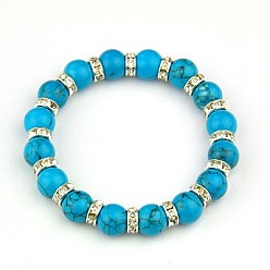 Synthetische Türkis Mode-Edelstein-Stretch-Armbänder, Stretch-Armbänder, Messing mit Strass-Perlen, Deep-Sky-blau, 53 mm