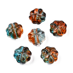 Dark Orange Transparent Spray Painted Glass Beads, Two Tone, Clover, Dark Cyan, 11.5x11.5x7.5mm, Hole: 1mm