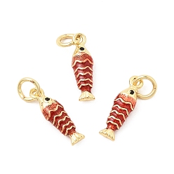 Красный Латунные микро проложить кубического циркония подвески, с эмалью, очарование рыбы, без свинца и без кадмия, долговечный, стойки покрытие, реальный 18 k позолоченный, красные, 15x5x4 мм, Перейти кольцо: 5x1 мм, внутренний диаметр: 3 мм