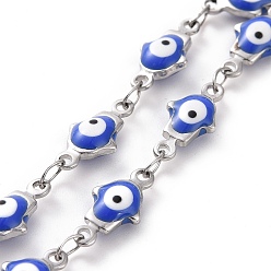 Royal Blue Enamel Hamsa Hand with Evil Eye Link Chains, with 304 Stainless Steel Findings, Stainless Steel Color, Unwelded, with Spool, Royal Blue, 11.5x5.5x3.5mm