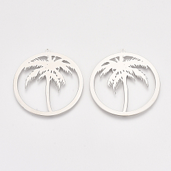 Platinum Brass Pendants, Etched Metal Embellishments, Flat Round with Coconut Tree, Platinum, 37x35x0.3mm, Hole: 1.2mm