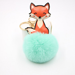 Aquamarine Cute Fox Keychain for Women, Imitation Rabbit Fur Car Charm Bag Pendant, Aquamarine, 8x17cm