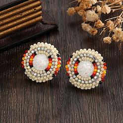 Champagne Gold Винтажные серьги-гвоздики в богемном стиле из разноцветного стеклянного бисера и стразов., плоско-круглые, шампанское золото, 26 мм