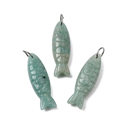 Амазонит Резные подвески из натурального амазонита, рыбы прелести, с 304 кольцами из нержавеющей стали, цвет нержавеющей стали, 33.5~34.5x10.5x7~7.5 мм, отверстие : 7 мм