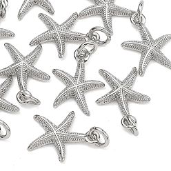 Real Platinum Plated SHEGRACE Brass Pendants, Starfish Charms, Cadmium Free & Nickel Free & Lead Free, Real Platinum Plated, 12x9.5x2mm, Hole: 2mm