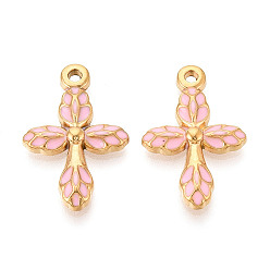 Pink 304 нержавеющей стальной эмали подвески, крест прелести, ионное покрытие (ip), реальный 18 k позолоченный, розовые, 25.5x17x3.5 мм, отверстие : 1.6 мм