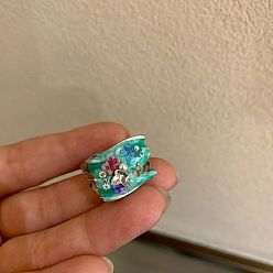 Cyan Brass Rhinestone Finger Rings, with Enamel, Nuggets with Flower, Cyan, 15~20mm