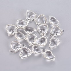 Прозрачный Соединители стеклянные ссылки, с элементами из экологически чистого сплава, сердце, серебряный цвет гальваническим, прозрачные, 14x18.5x7 мм, отверстие : 1.2 мм