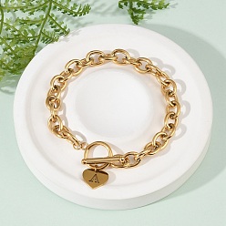 Letter A Золотые 304 браслеты с подвесками из нержавеющей стали, ювелирные изделия из кабельной цепи для женщин, сердце с письмом, с Переключить застежками, буква a, 8.27 дюйм (21 см)