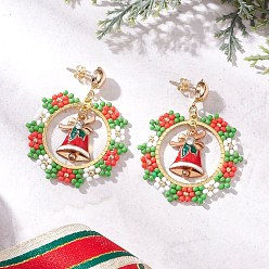 Золотой Серьги-гвоздики в виде рождественского венка из стеклянных бусинок ручной работы, серьги-колокольчики из латуни и эмалевого сплава, золотые, 47x38 мм