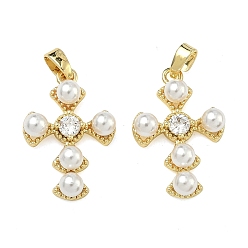 Настоящее золото 18K Латунные микропаве прозрачные подвески с фианитом, крестики из искусственного жемчуга ABS, стойки покрытие, долговечный, реальный 18 k позолоченный, 23x15x5 мм, отверстие : 4.5x2 мм