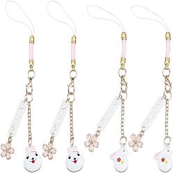 Colorful 4Pcs 2 Style Alloy Mobile Accessories Decoration, Polyester Rope, with Brass & Iron Finding, Resin Pendant, Flower and Rabbit, Colorful, 14.5~15cm, 2pcs/style