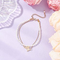 Бабочка Многорядные браслеты из ракушечных жемчужин и круглых бусин для женщин, с 304 кабельными цепочками из нержавеющей стали, бабочка, 7-3/4 дюйм (19.7 см), очарование: 13x14x4 мм.