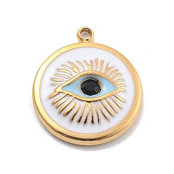 Плоский Круглый 304 подвески из нержавеющей стали с эмалированными стразами, вакуумное покрытие pvd, злые глаза, реальный 18 k позолоченный, плоско-круглые, 17.5x15x3 мм, отверстие : 1.5 мм