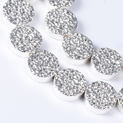 Silver Plated Electroplate Non-magnetic Synthetic Hematite Bead Strands, Flat Round, Silver Plated, 12~13x4~4.5mm, Hole: 1mm, about 32pcs/strand, 15.7 inch